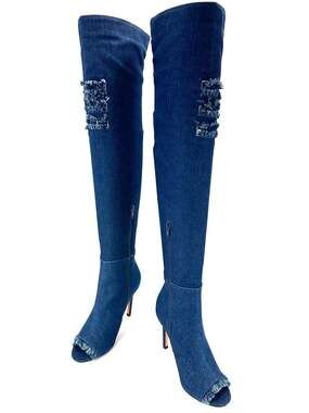 NY&C Thigh-High/Over-The-Knee Boot Size 6 Blue Denim Stiletto Heel Open Toe New